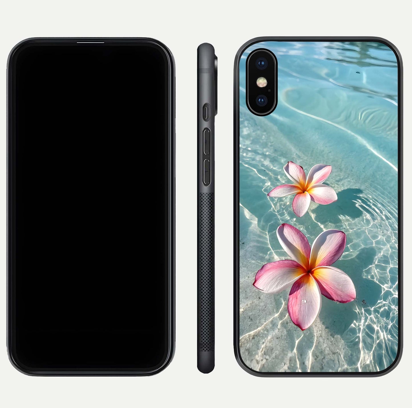 Floating Bloom Bliss Glass Case for iPhone Xs dual-view layout displaying soft pastel flowers and curved glass