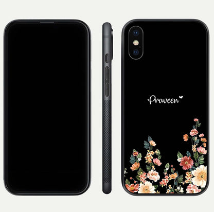 Floral Design Personalized Custom Name Glass Case for iPhone Xs dual-view layout displaying artistic tones and curved finish