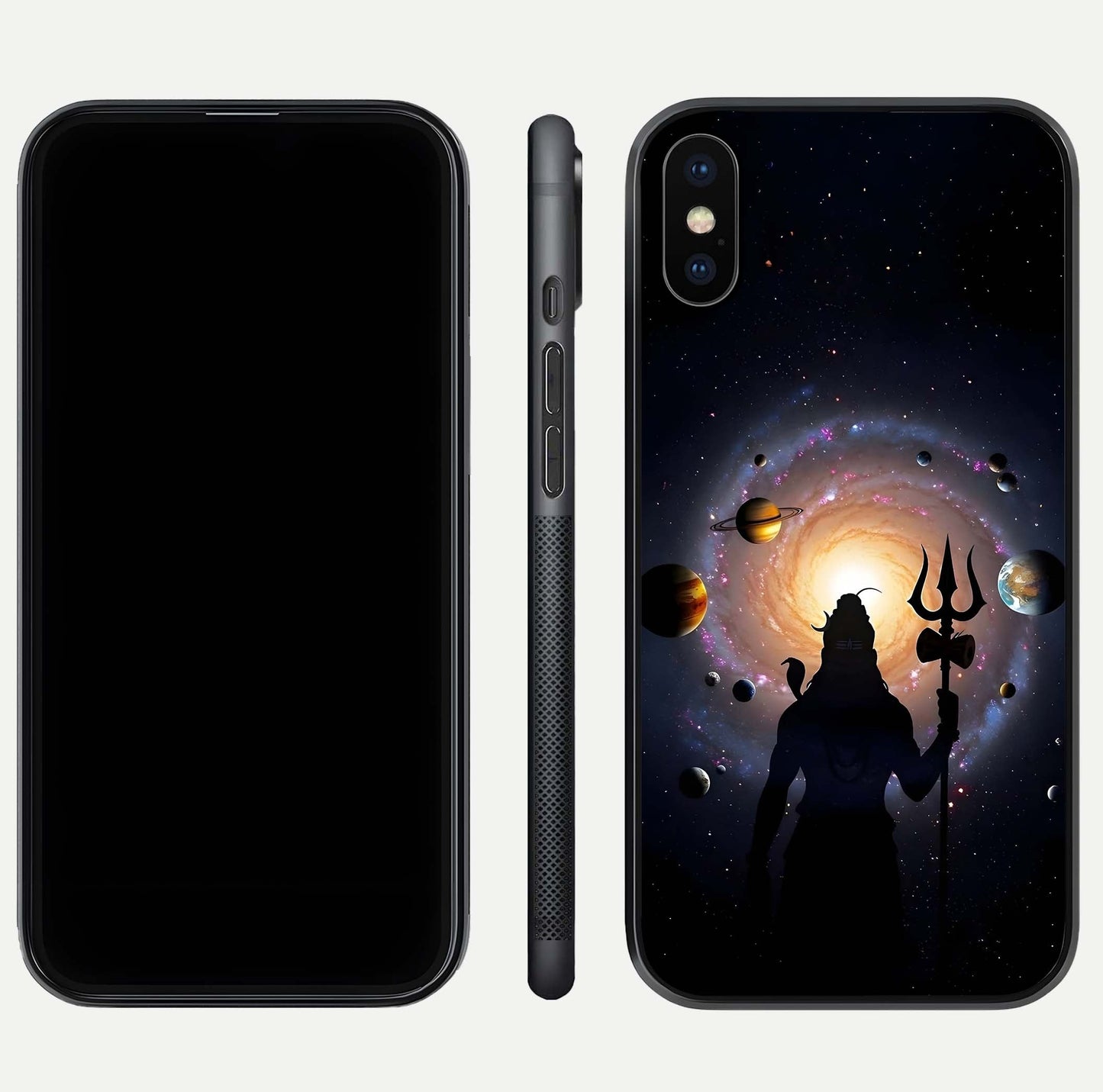 Galactic Shiva Vision Glass Case for iPhone Xs front and back view layout showing celestial background and polished curved glass