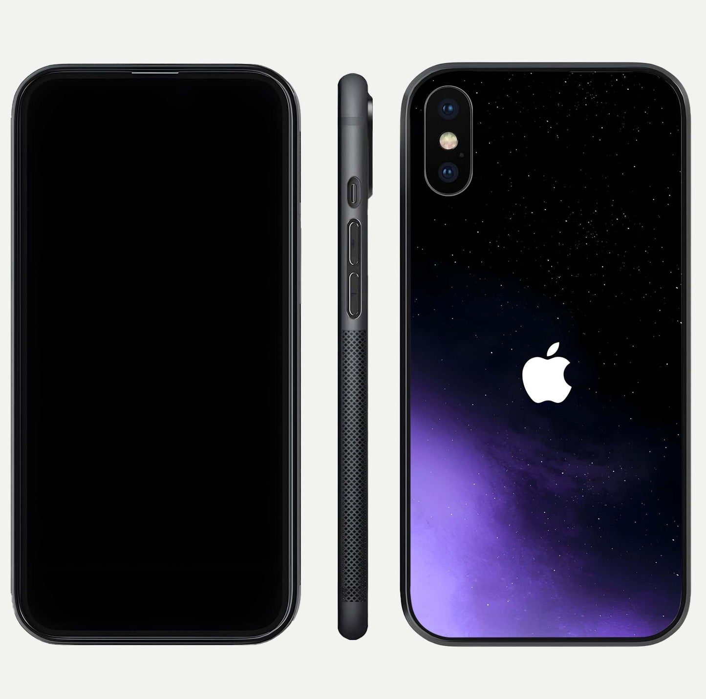 Galaxy Apple Aura Glass Case for iPhone Xs front and back view layout displaying cosmic tones and premium curved glass edges