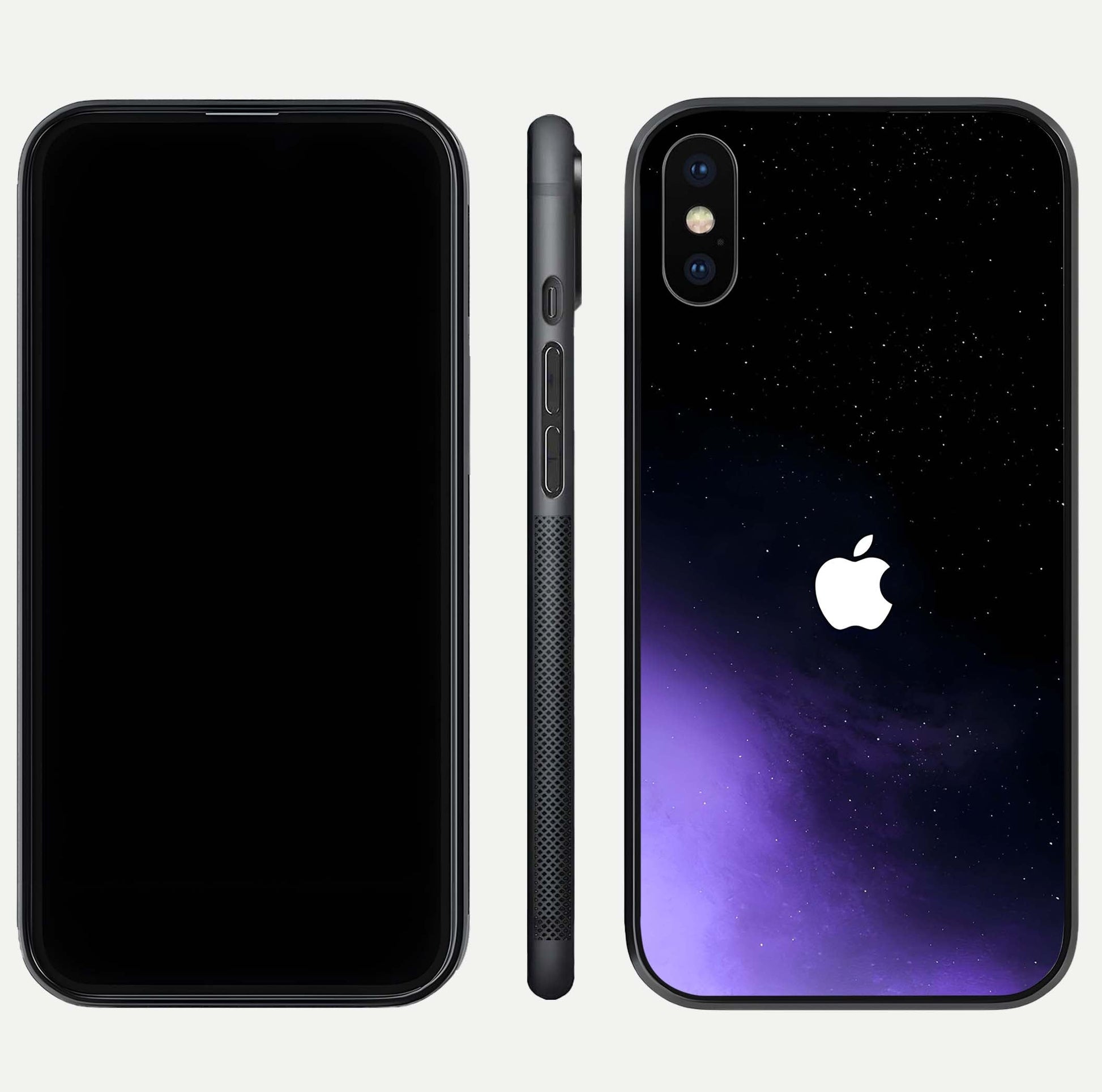 Galaxy Apple Aura Glass Case for iPhone Xs front and back view layout displaying cosmic tones and premium curved glass edges