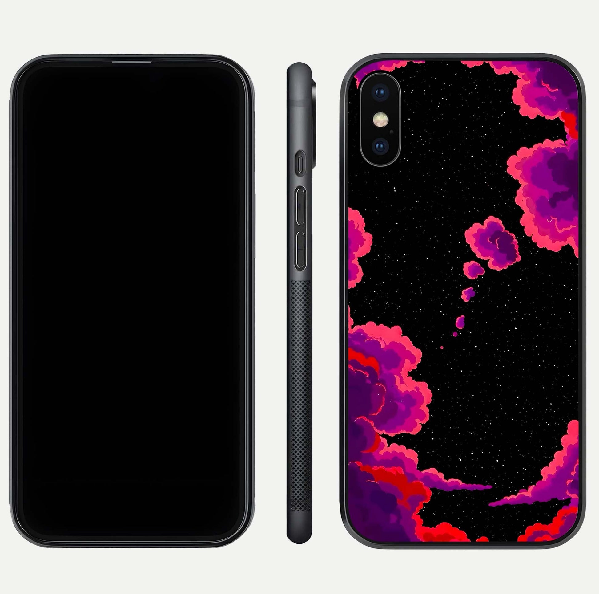 Galaxy Dream Frame Glass Case for iPhone Xs front and back view layout highlighting cosmic design and smooth glass curvature