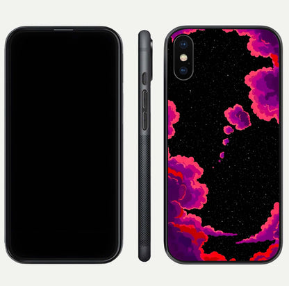 Galaxy Dream Frame Glass Case for iPhone Xs front and back view layout highlighting cosmic design and smooth glass curvature