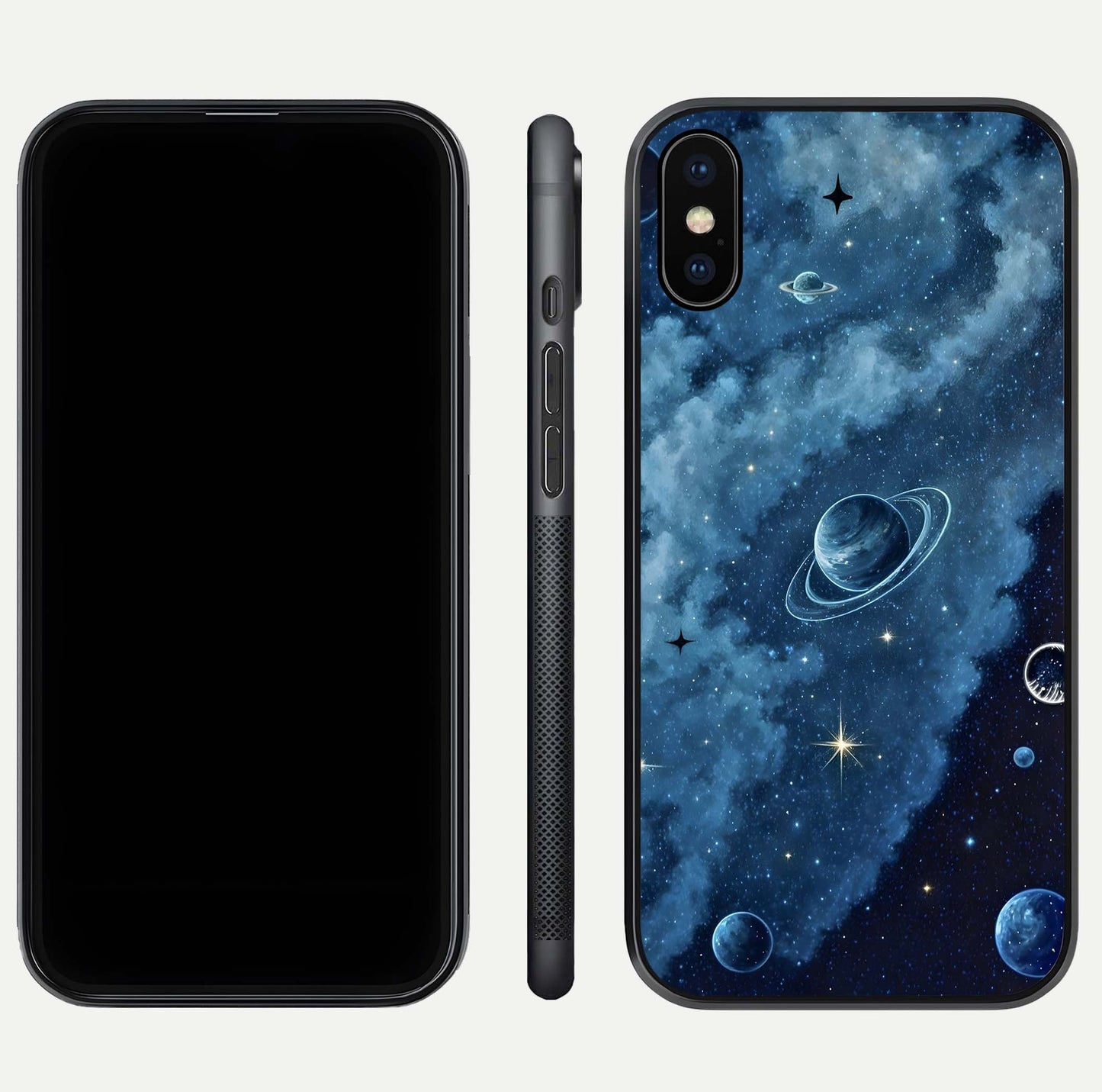 Galaxy Dream Space Glass Case for iPhone Xs front and back view layout showing deep-space tones and curved edges