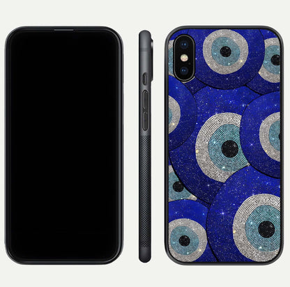 Galaxy Eye Flow Glass Case for iPhone Xs front and back view layout displaying cosmic art and curved glass borders