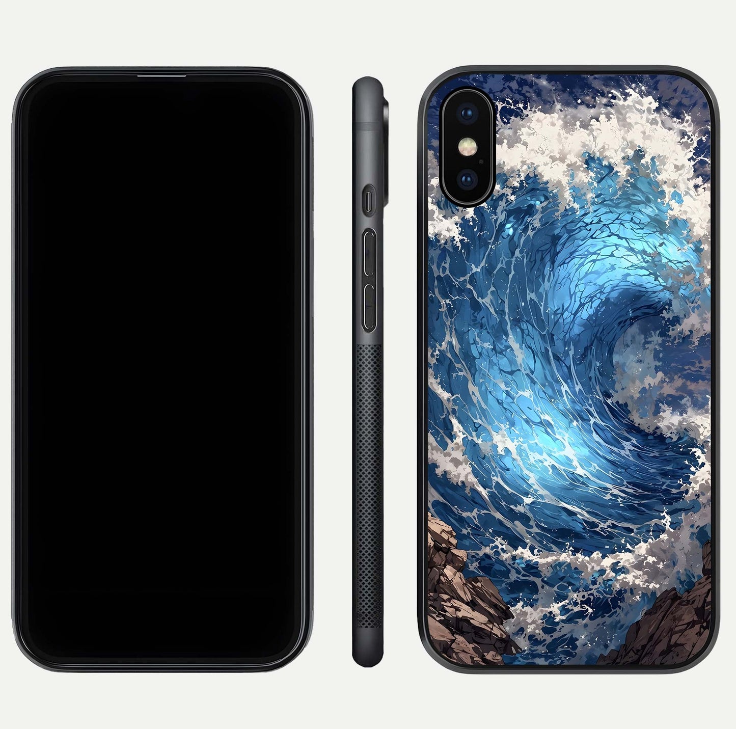 Giant Ocean Wave Glass Case for iPhone Xs front and back view layout displaying sea tones and smooth curved edges