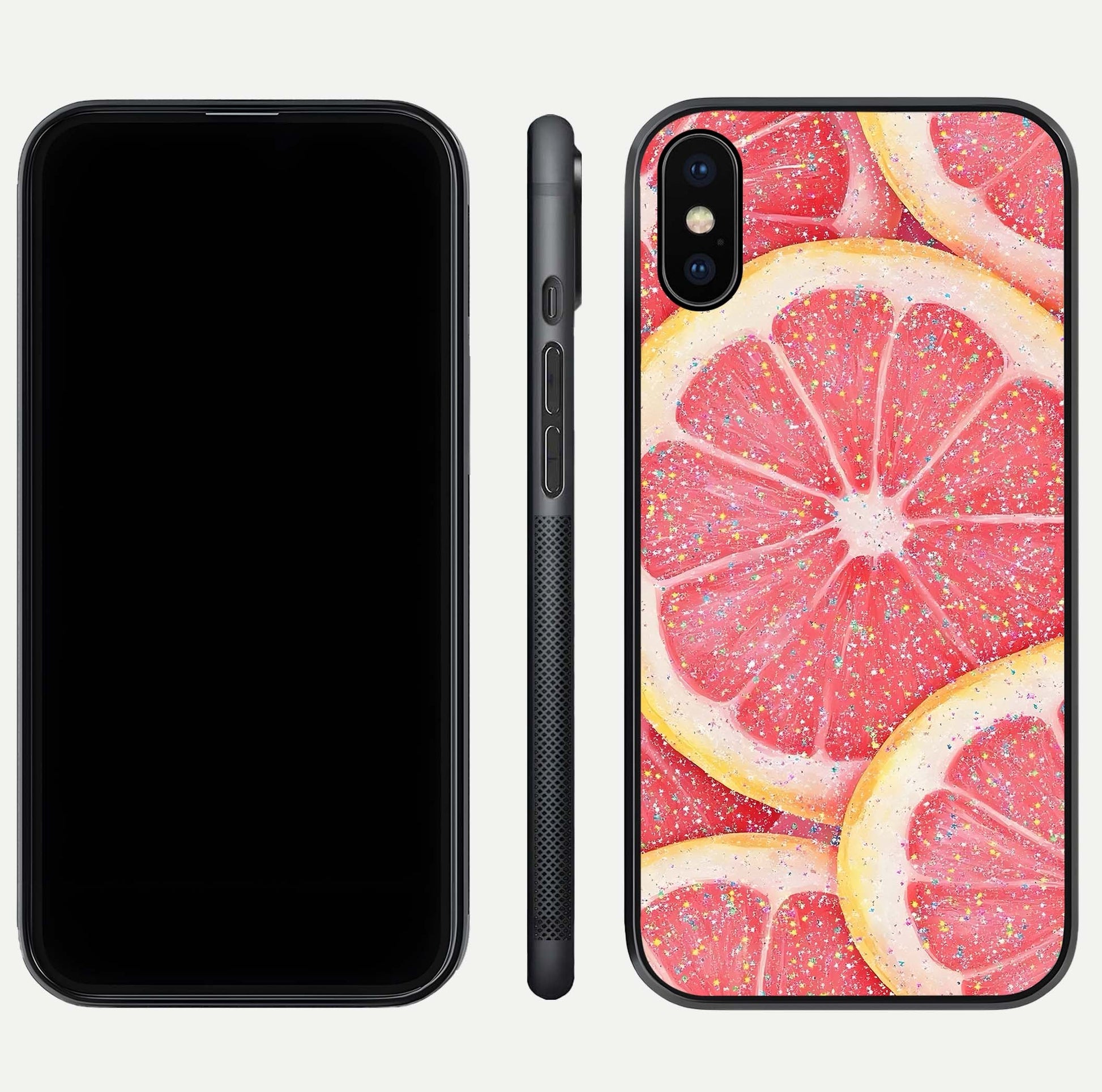 Glitter Grapefruit Glass Case for iPhone Xs front and back view layout highlighting citrus hues and smooth glass