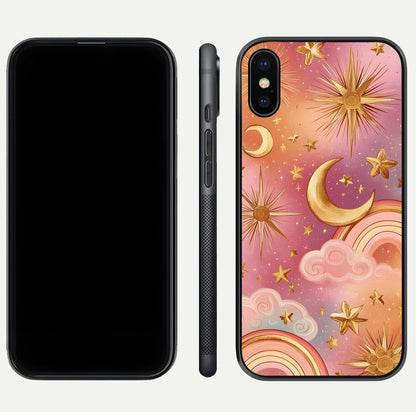 Golden Celestial Dreams Glass Case for iPhone Xs front and back view layout highlighting celestial motifs and smooth curved edge