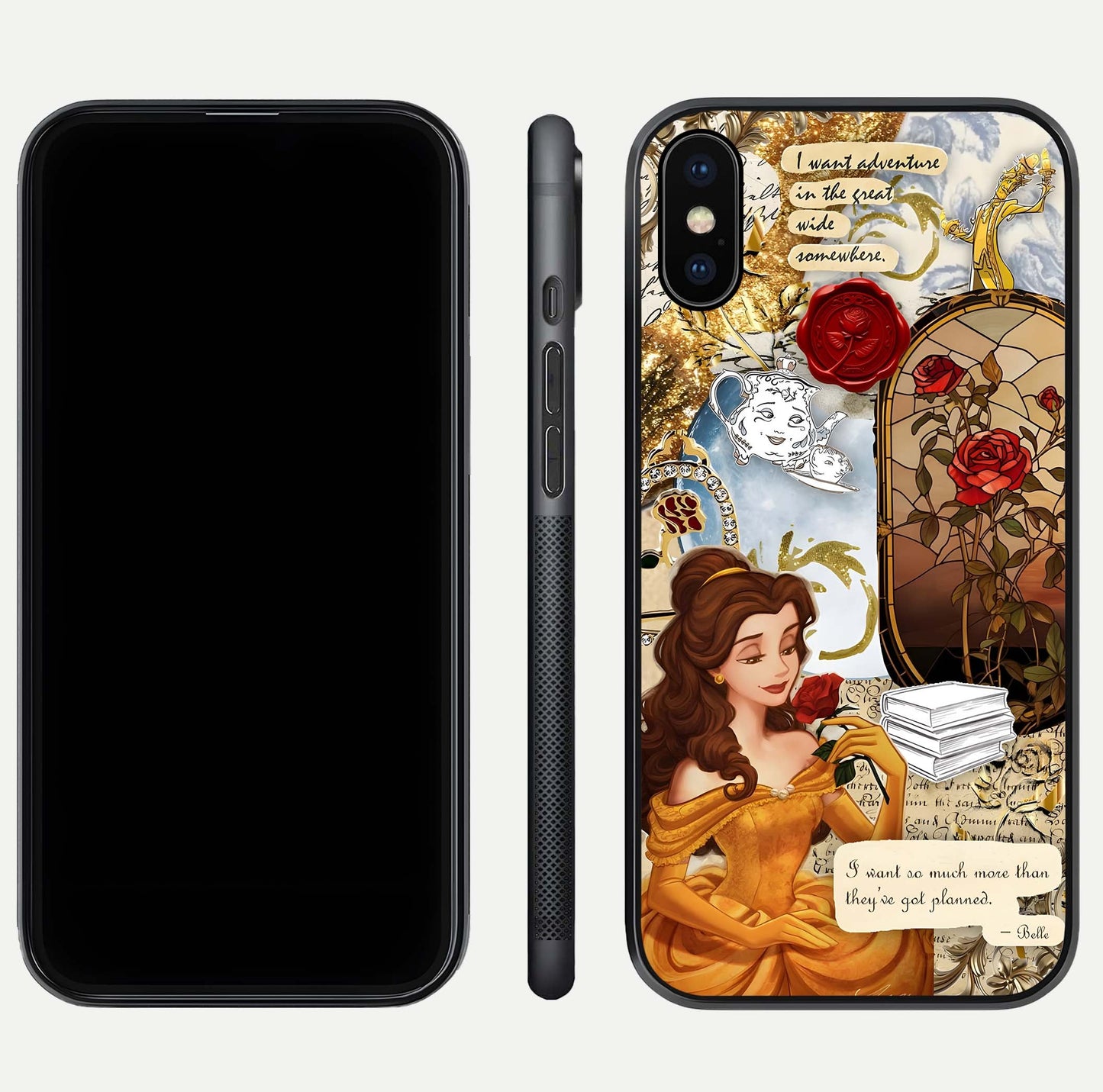 Golden Dream Belle Glass Case for iPhone Xs front and back view layout displaying dreamy golden theme and smooth curvature