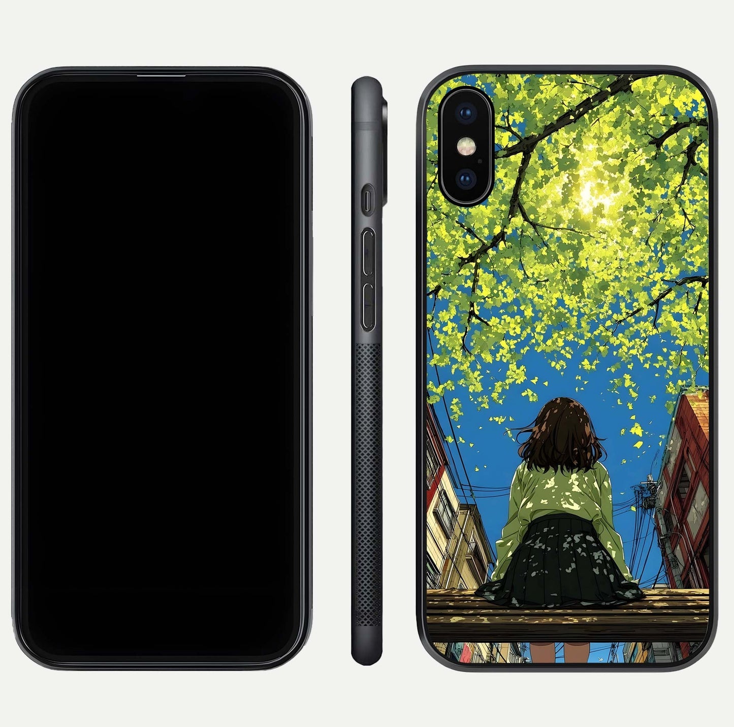 Golden Leaves Glow Glass Case for iPhone Xs front and back view layout highlighting glowing tones and curved edges