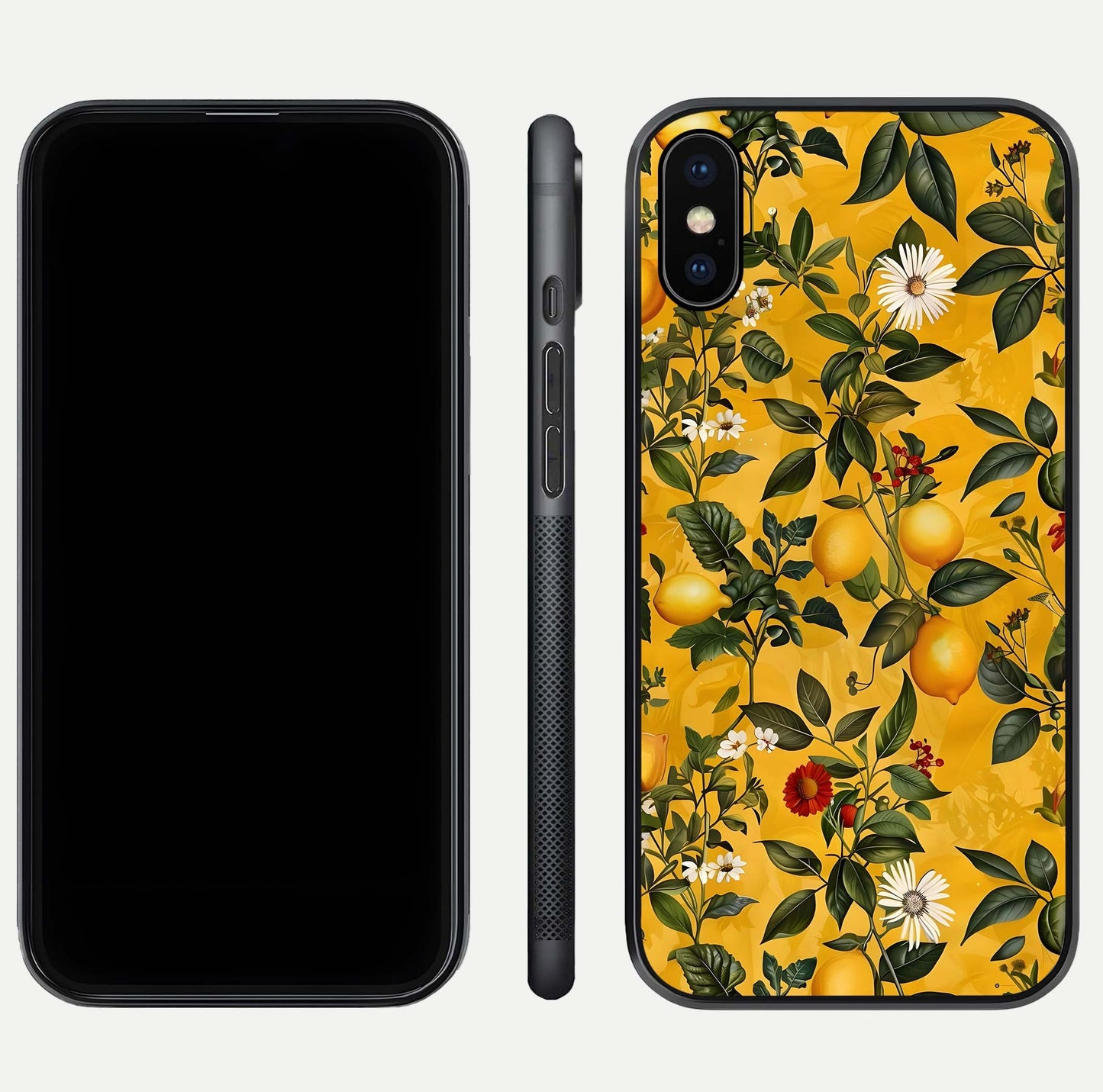 Golden Lemon Field Glass Case for iPhone Xs front and back view layout highlighting fruity tones and curved glass edges