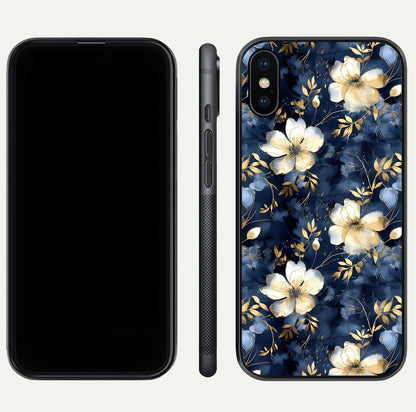 Golden Midnight Bloom Glass Case for iPhone Xs front and back view layout highlighting dark-gold tones and smooth curves