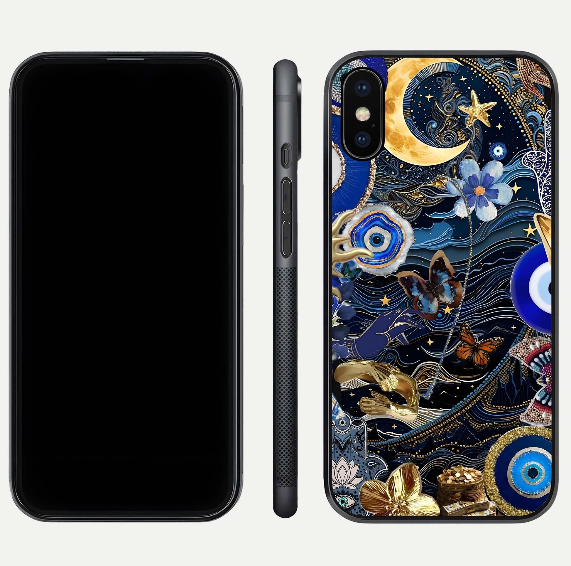 Golden Moon Magic Glass Case for iPhone Xs front and back view layout highlighting celestial tones and curved glass