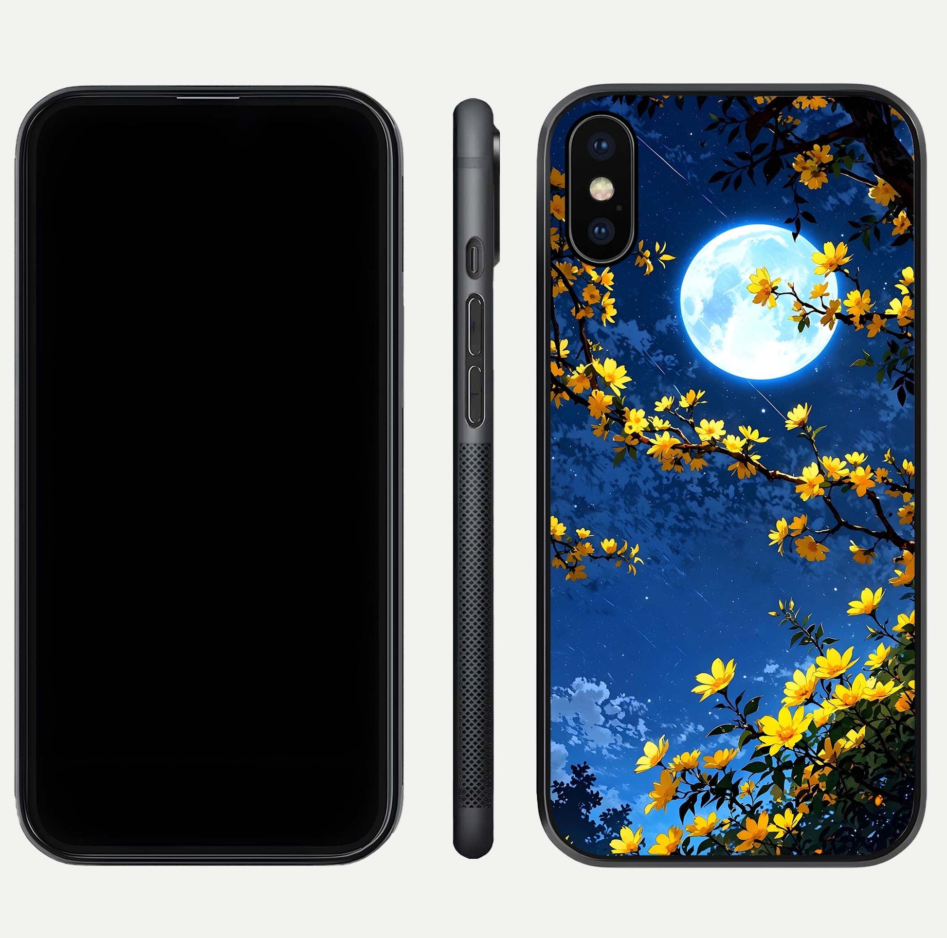 Golden Night Glow Glass Case for iPhone Xs front and back view layout displaying metallic glow and curved glass edge
