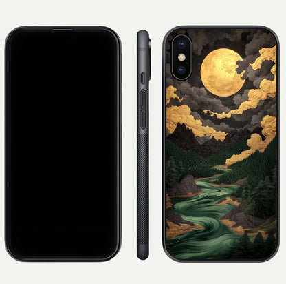 Golden River Moon Glass Case for iPhone Xs front and back view layout displaying celestial glow and smooth curves