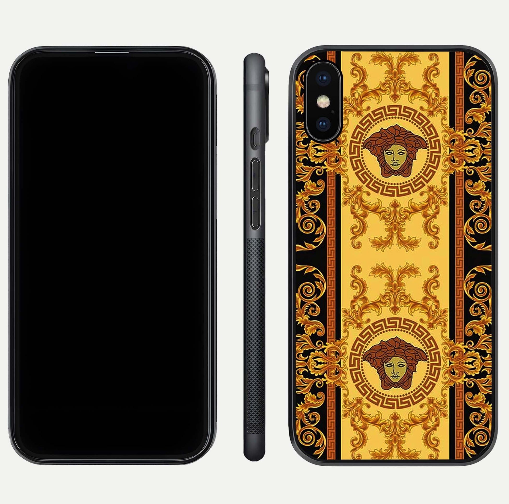Golden Royal Heritage Glass Case for iPhone Xs front and back view layout displaying ornate gold texture and curved edges
