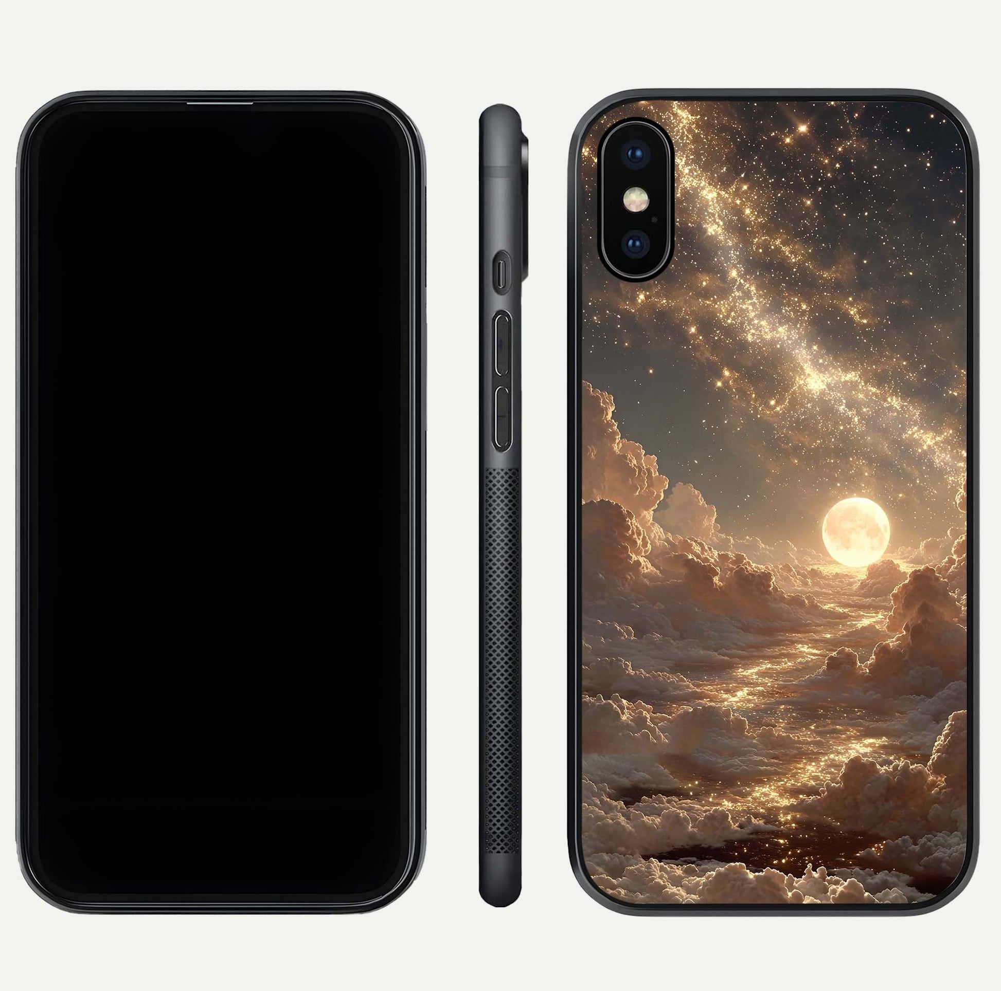 Golden Sky Dream Glass Case for iPhone Xs front and back view layout highlighting celestial gold hues and curved glass