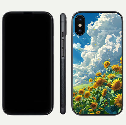 Golden Sun Glory Glass Case for iPhone Xs front and back view layout displaying bright golden tones and curved edges