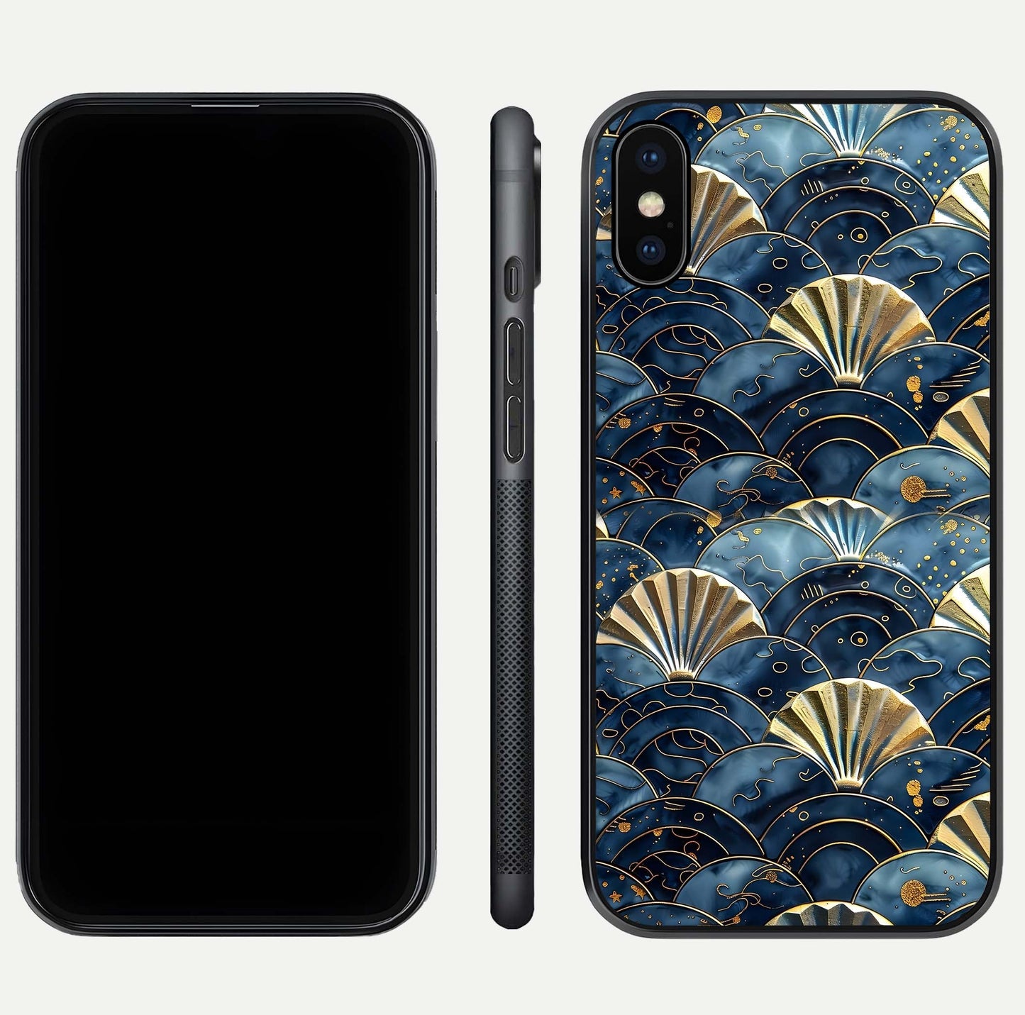 Golden Wave Luxe Glass Case for iPhone Xs front and back view layout highlighting fluid gold design and curved glass