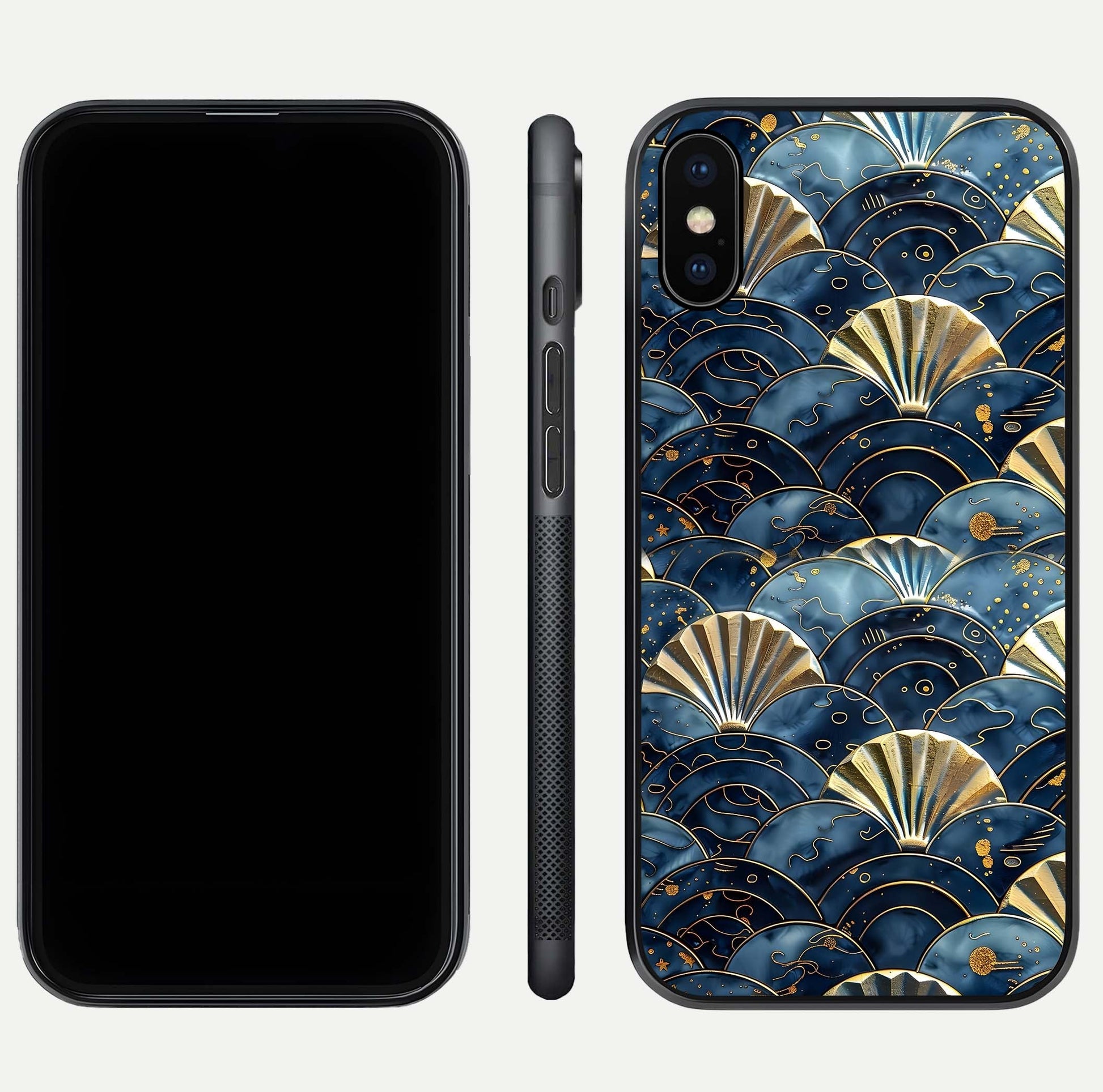 Golden Wave Luxe Glass Case for iPhone Xs front and back view layout highlighting fluid gold design and curved glass