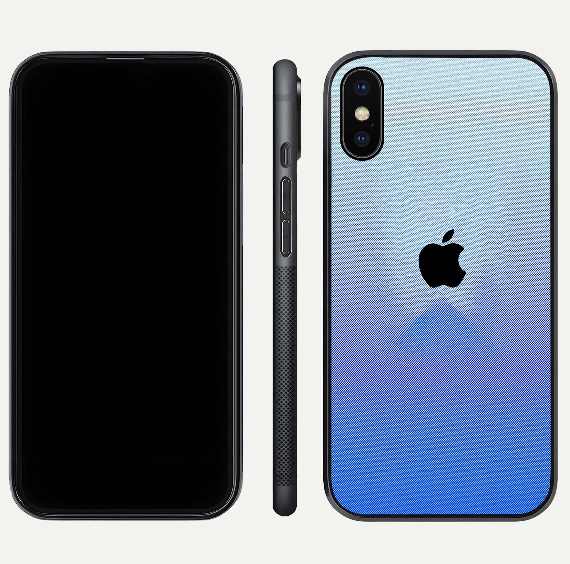 Gradient Apple Vibe Glass Case for iPhone Xs front and back view layout highlighting minimalist Apple design and curved edges