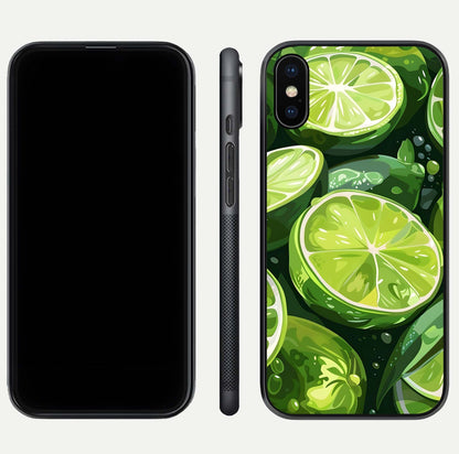 Green Lemon Glass Case for iPhone Xs front and back view layout displaying vibrant yellow-green hues and smooth edges