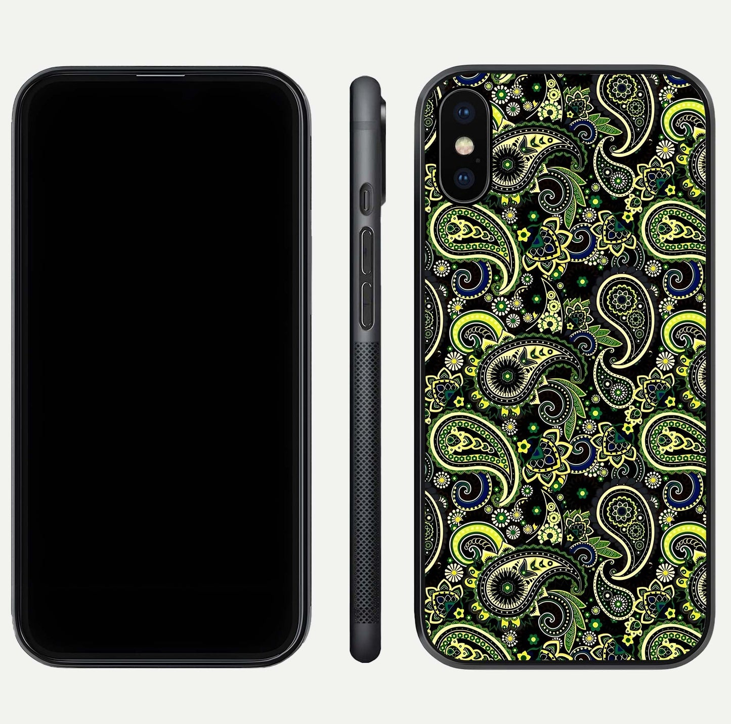 Green Mandala Pattern Glass Case for iPhone Xs front and back view layout highlighting geometric art and curved glass