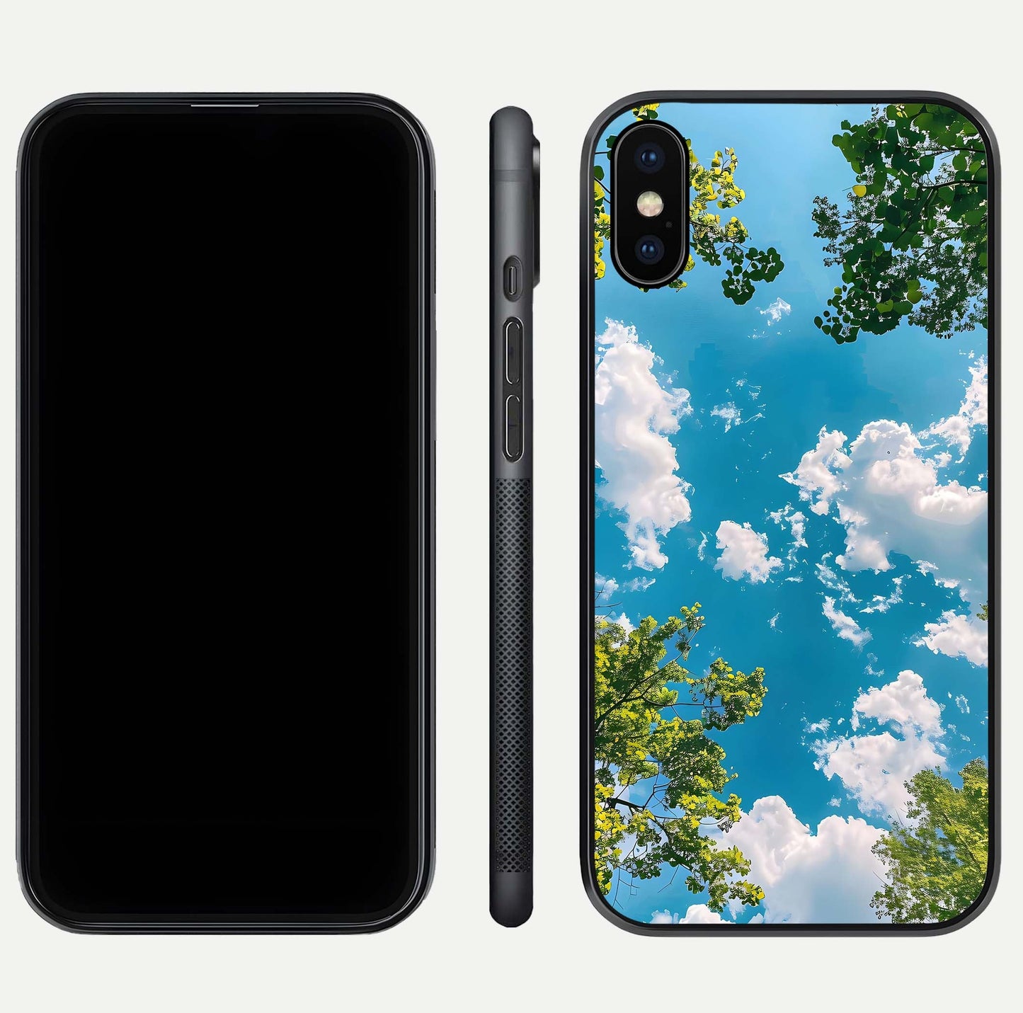 Greenery Sky Glass Case for iPhone Xs front and back view layout displaying scenic green-blue gradient and curved edges
