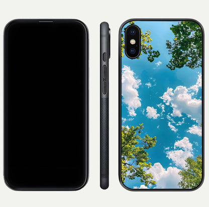 Greenery Sky Glass Case for iPhone Xs front and back view layout displaying scenic green-blue gradient and curved edges