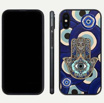 Hamsa Divine Guard Glass Case for iPhone Xs front and back view layout highlighting spiritual artwork and smooth edges