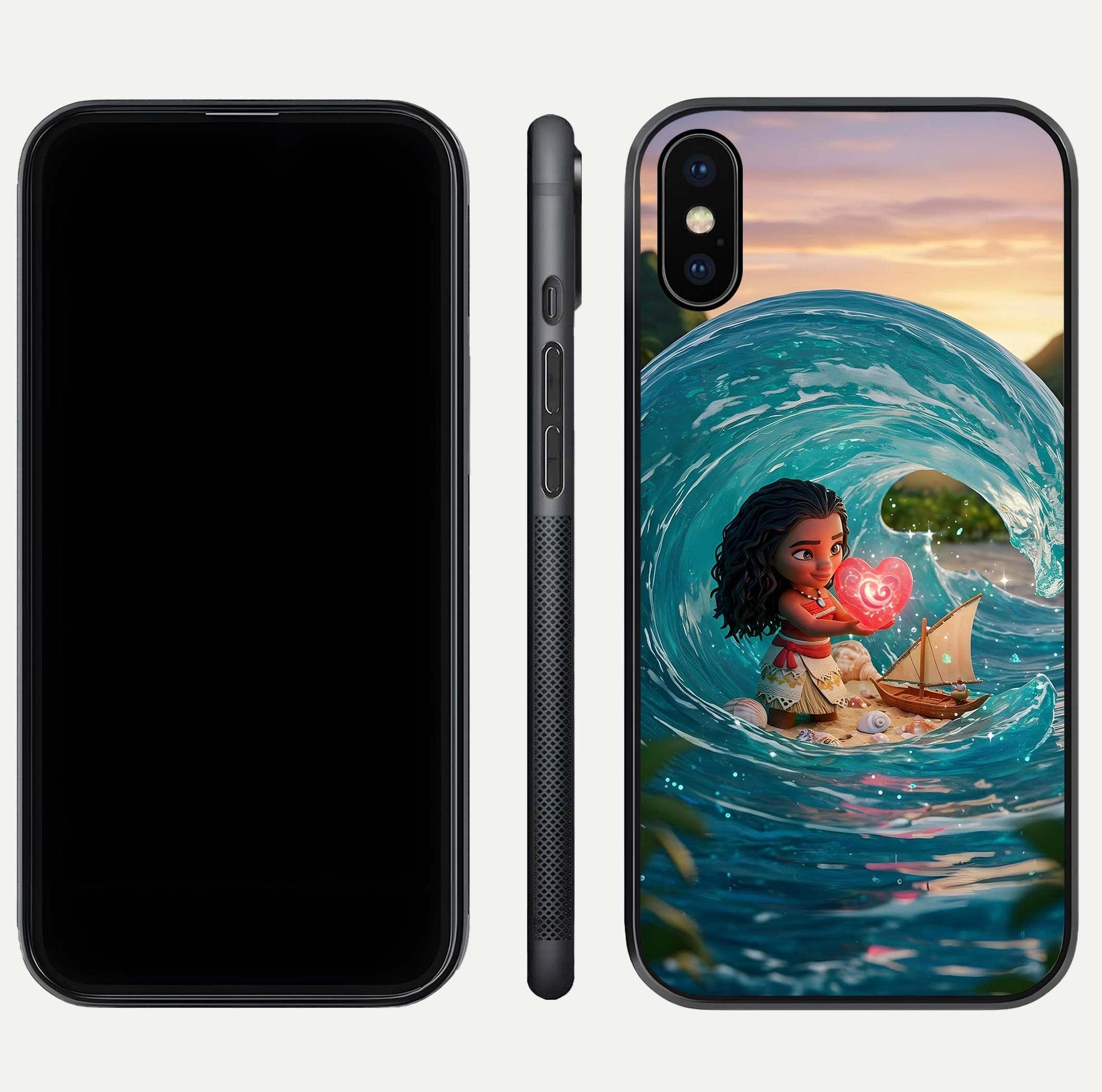 Heart of Ocean Glass Case for iPhone Xs front and back view layout highlighting sea-themed art and curved glass edges