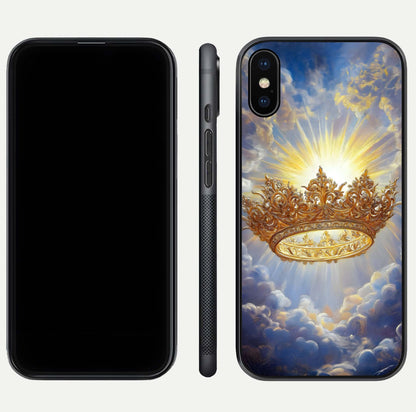 Heavenly Crown Light Glass Case for iPhone Xs front and back view layout highlighting golden aura tones and curved glass edges