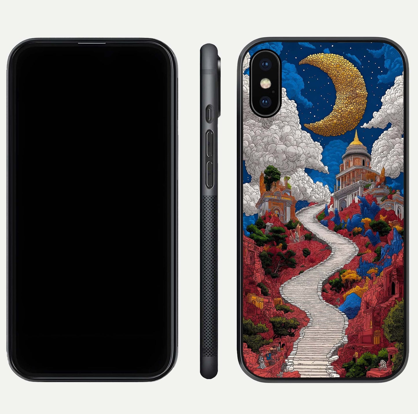 Heavenly Moon Path Glass Case for iPhone Xs front and back view layout displaying night sky tones and curved glass edges