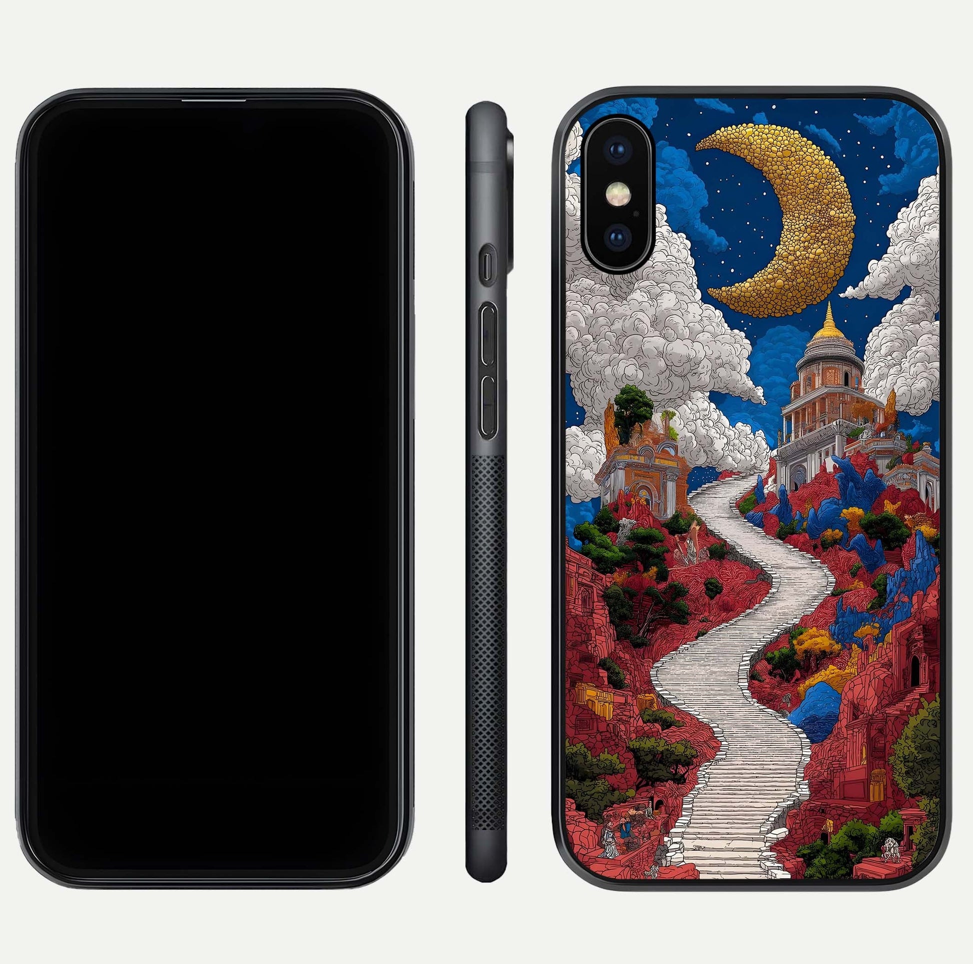 Heavenly Moon Path Glass Case for iPhone Xs front and back view layout displaying night sky tones and curved glass edges