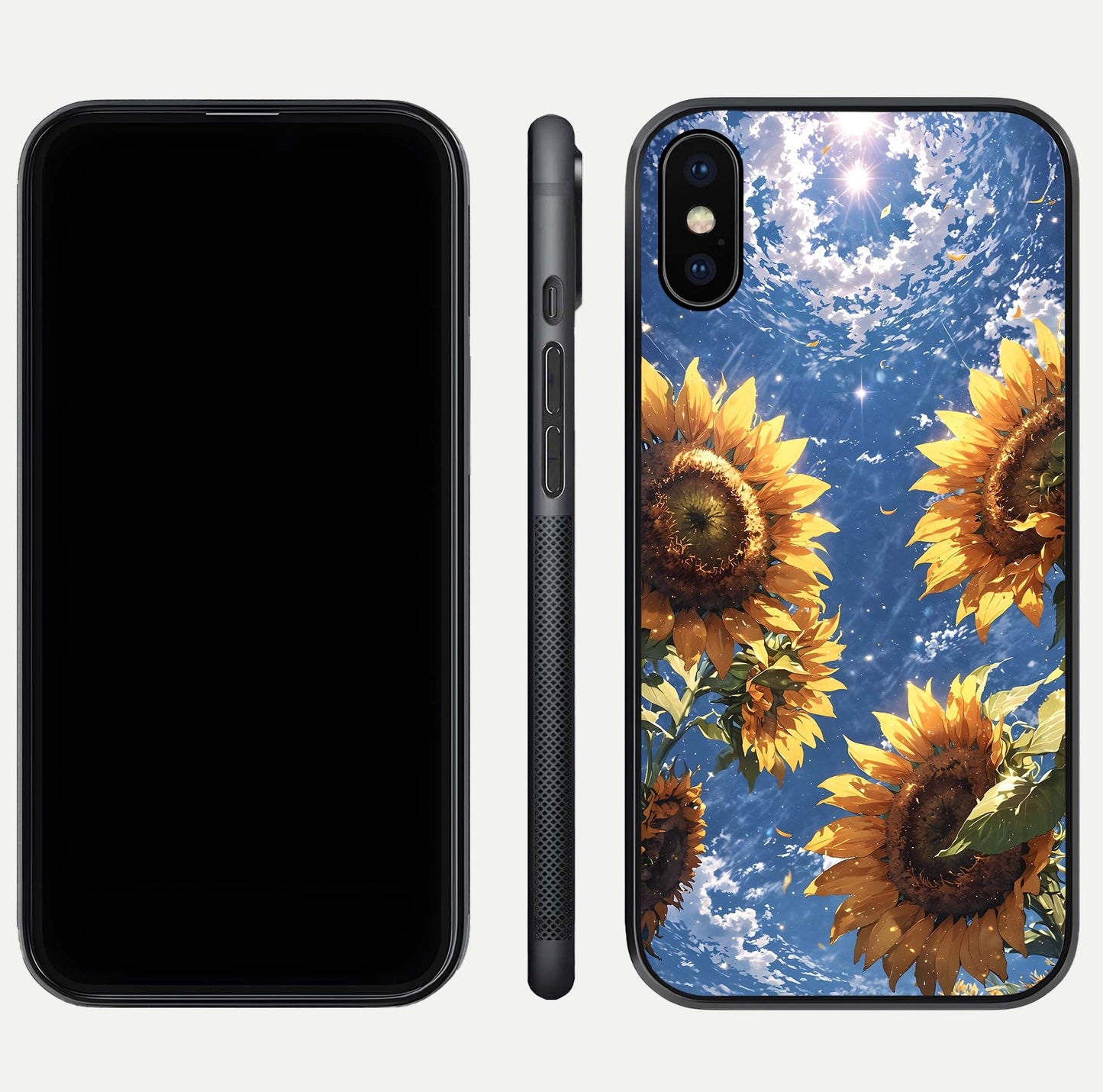 Heavenly Sunflower Rise Glass Case for iPhone Xs front and back view layout highlighting golden floral tones and curved edges