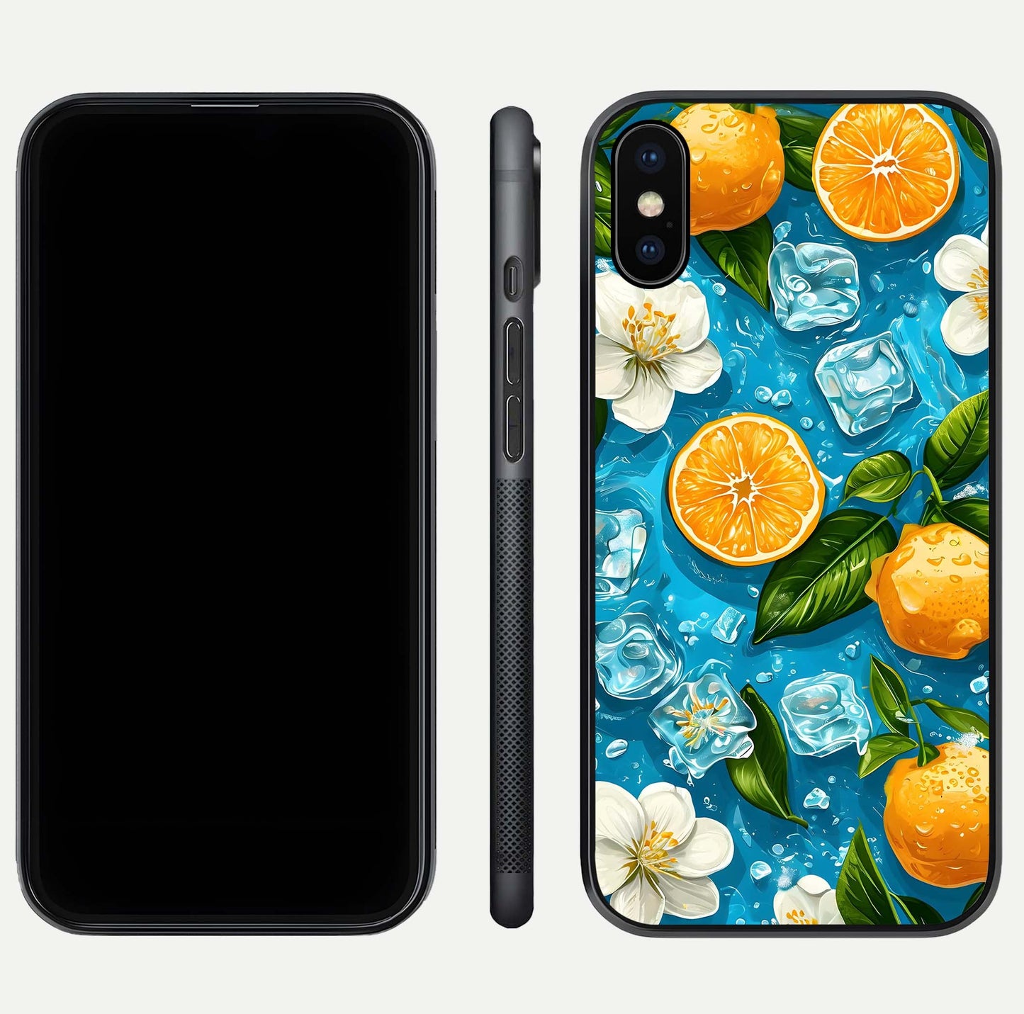 Ice Cube With Orange Glass Case for iPhone Xs front and back view layout highlighting fresh orange tones and curved edges