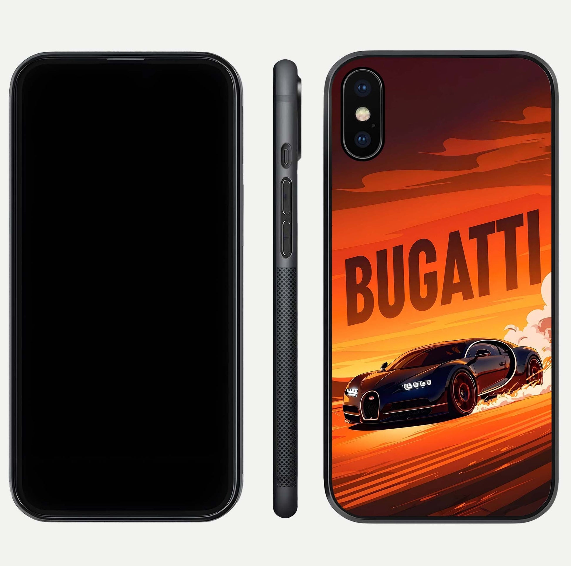 Inferno Bugatti Storm Glass Case for iPhone Xs front and back view layout highlighting car silhouette and curved glass edge