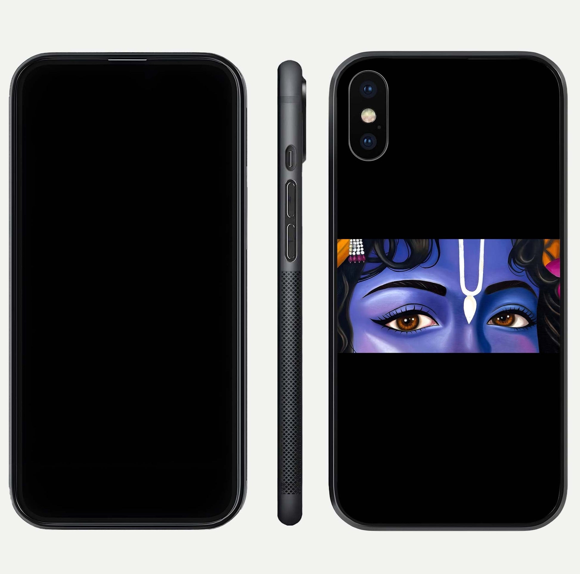 Krishna Eye Glass Case for iPhone Xs front and back view layout highlighting detailed spiritual motif