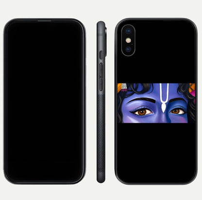 Krishna Eye Glass Case for iPhone Xs front and back view layout highlighting detailed spiritual motif