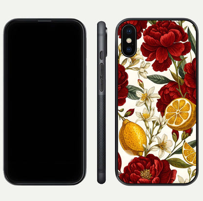 Lemon Rose Charm Glass Case for iPhone Xs front & back layout highlighting soft yellow tones and curved edges