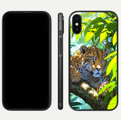 Leopard in Jungle Glass Case for iPhone Xs front & back layout with premium edge detailing and vivid jungle art
