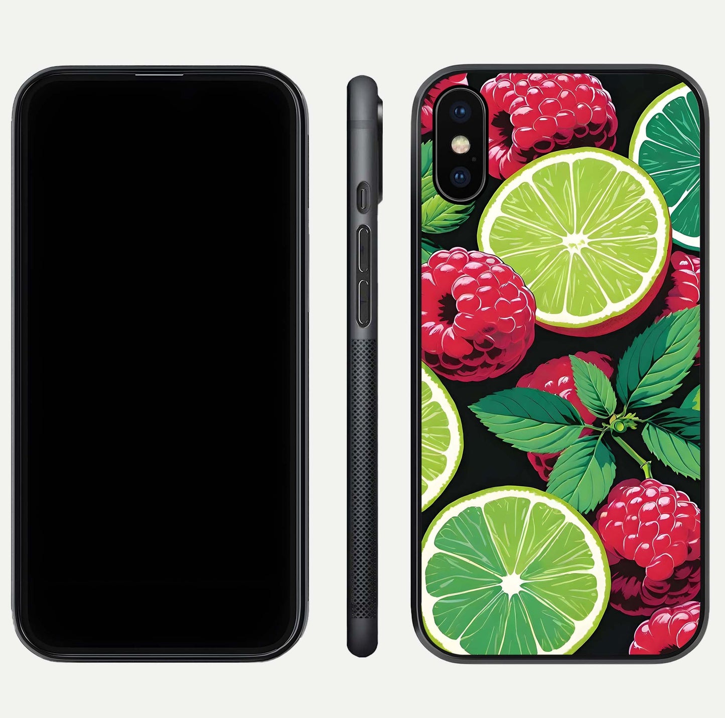 Lime and Raspberry Pattern Glass Case for iPhone Xs front & back layout highlighting fresh summer tones