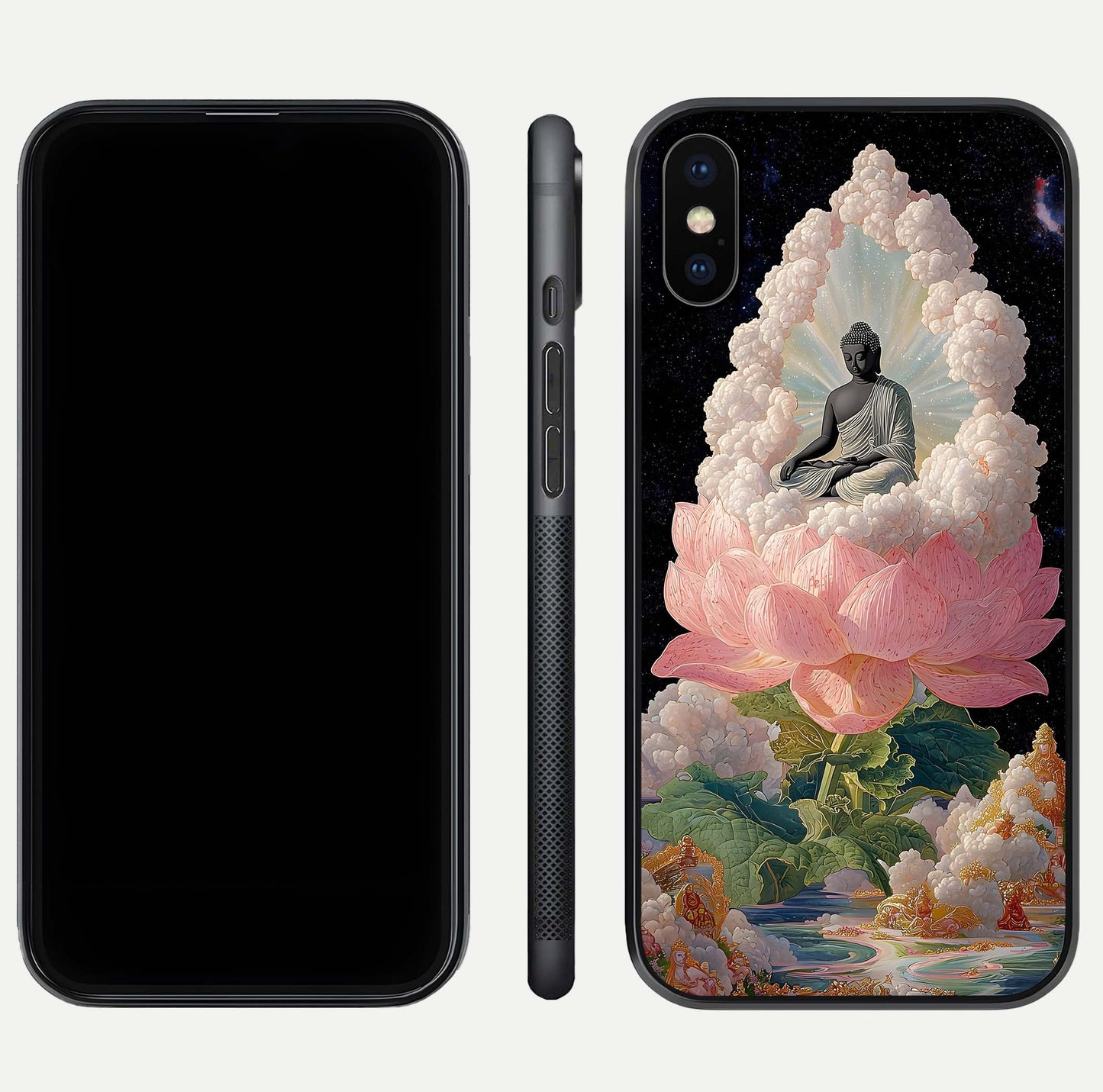 Lotus Divine Peace Glass Case for iPhone Xs front & back layout highlighting soft pink hues and curved edges
