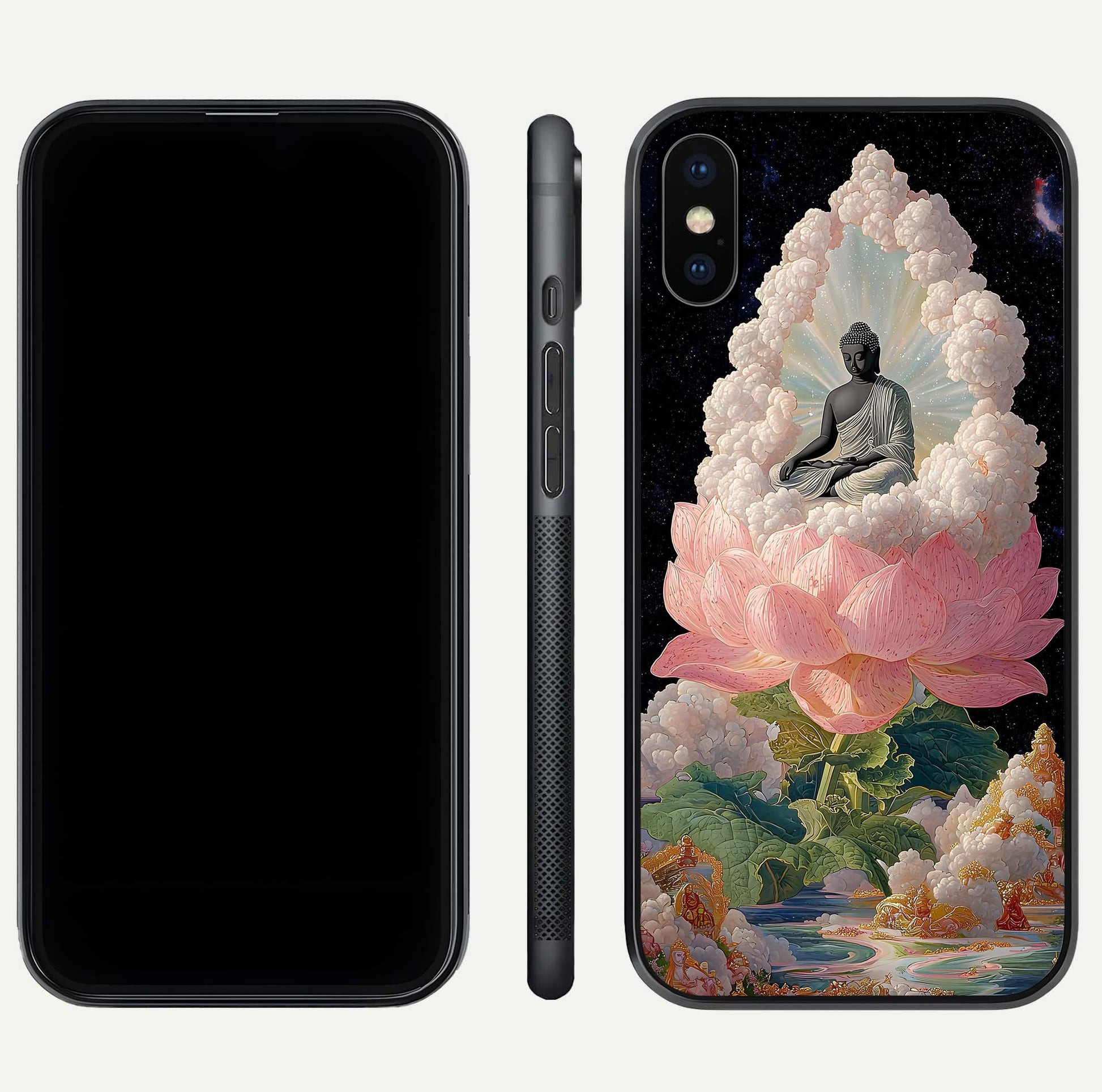 Lotus Divine Peace Glass Case for iPhone Xs front & back layout highlighting soft pink hues and curved edges
