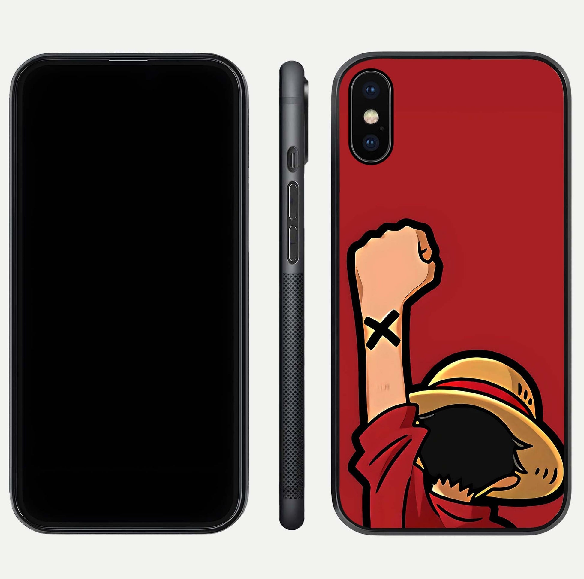Luffy X Spirit Glass Case for iPhone Xs front & back layout displaying anime theme and curved edges