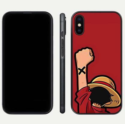 Luffy X Spirit Glass Case for iPhone Xs front & back layout displaying anime theme and curved edges