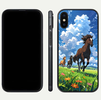 Majestic Horses Galloping Glass Case for iPhone Xs front & back layout highlighting dynamic design and edges