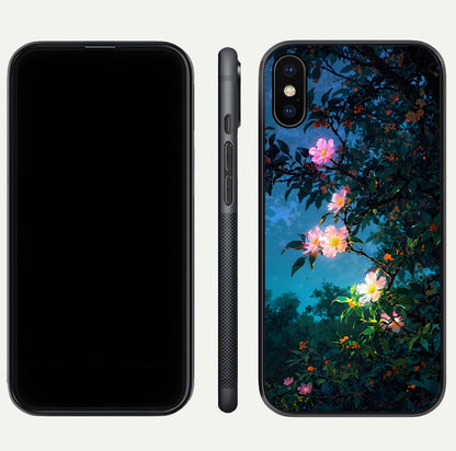 Midnight Bloom Glow Glass Case for iPhone Xs front & back layout highlighting moody tones and smooth finish