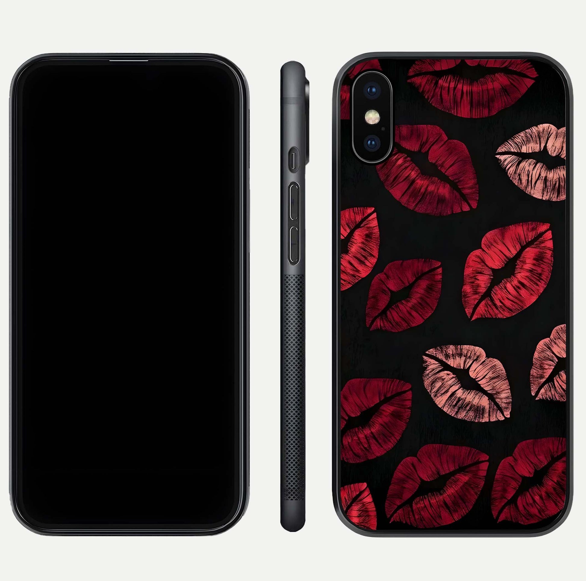 Midnight Kiss Love Glass Case for iPhone Xs front & back view layout showing romantic theme and smooth curves