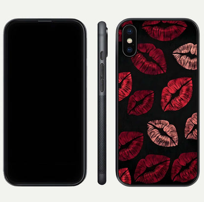 Midnight Kiss Love Glass Case for iPhone Xs front & back view layout showing romantic theme and smooth curves